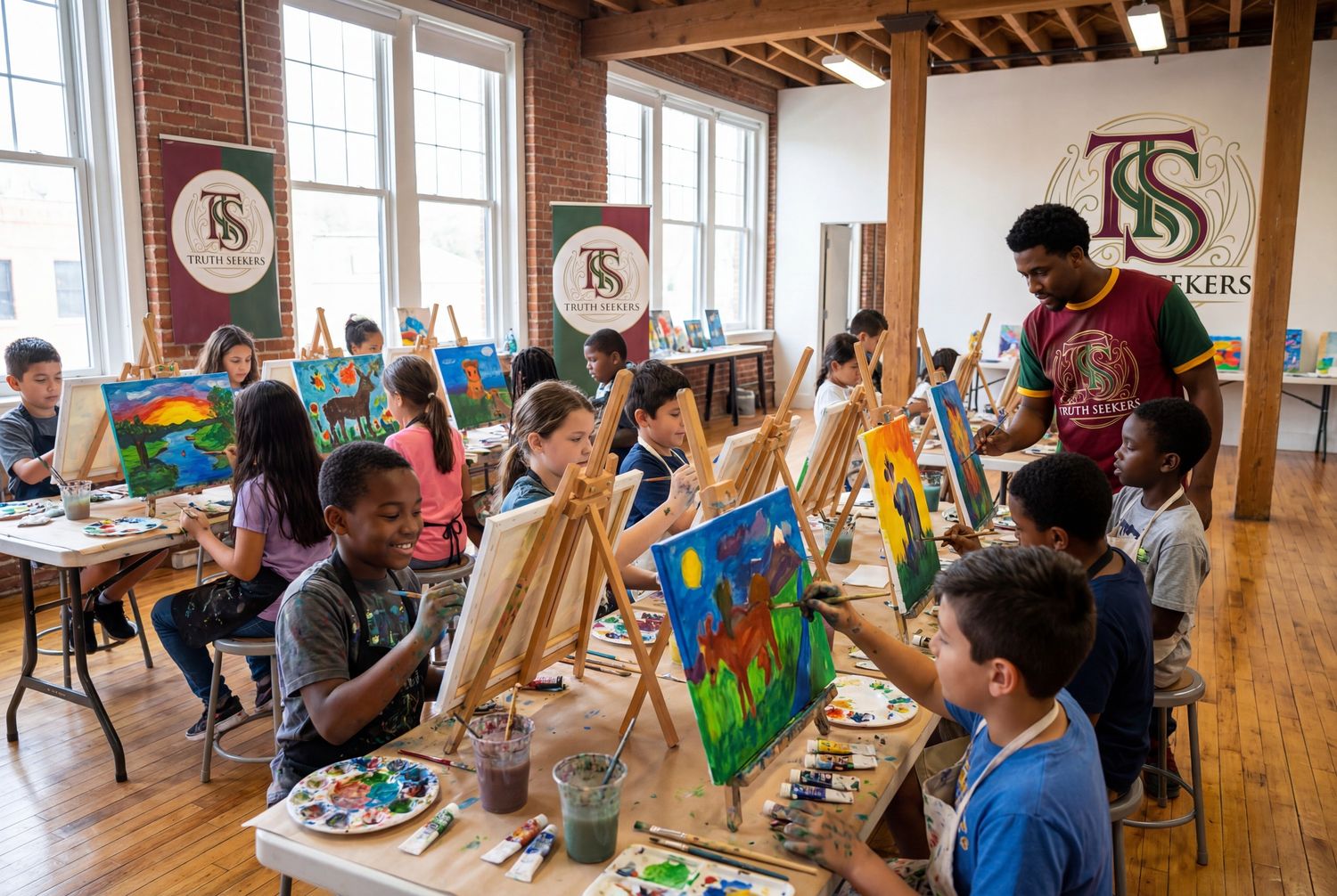 Children painting in free art class